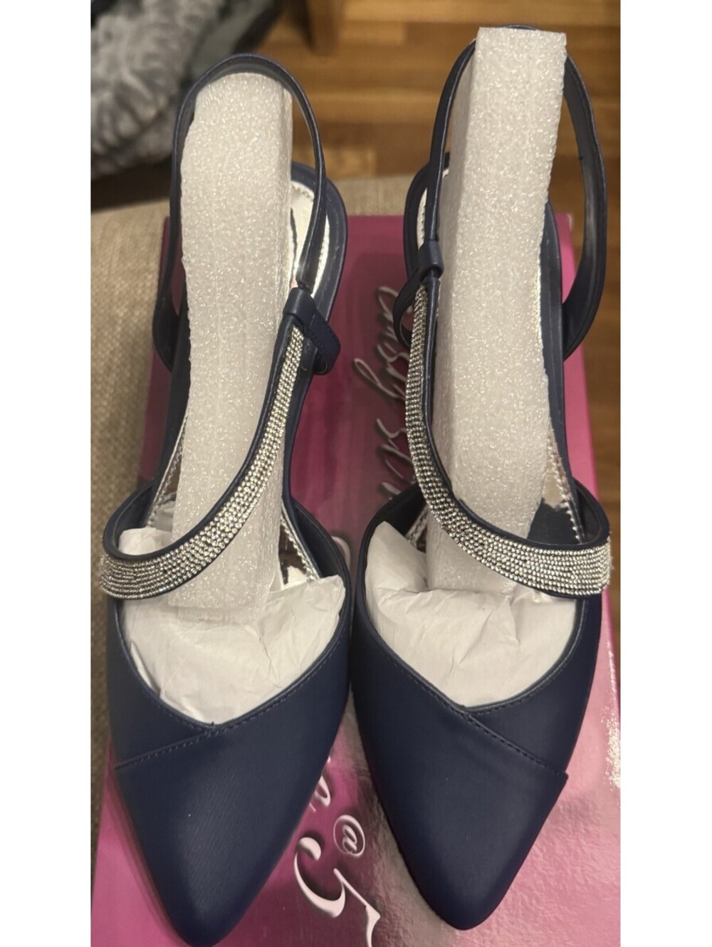 Easy Street Emeral Navy Satin Rhinestone Heel Womens Shoes 6.5 Wide